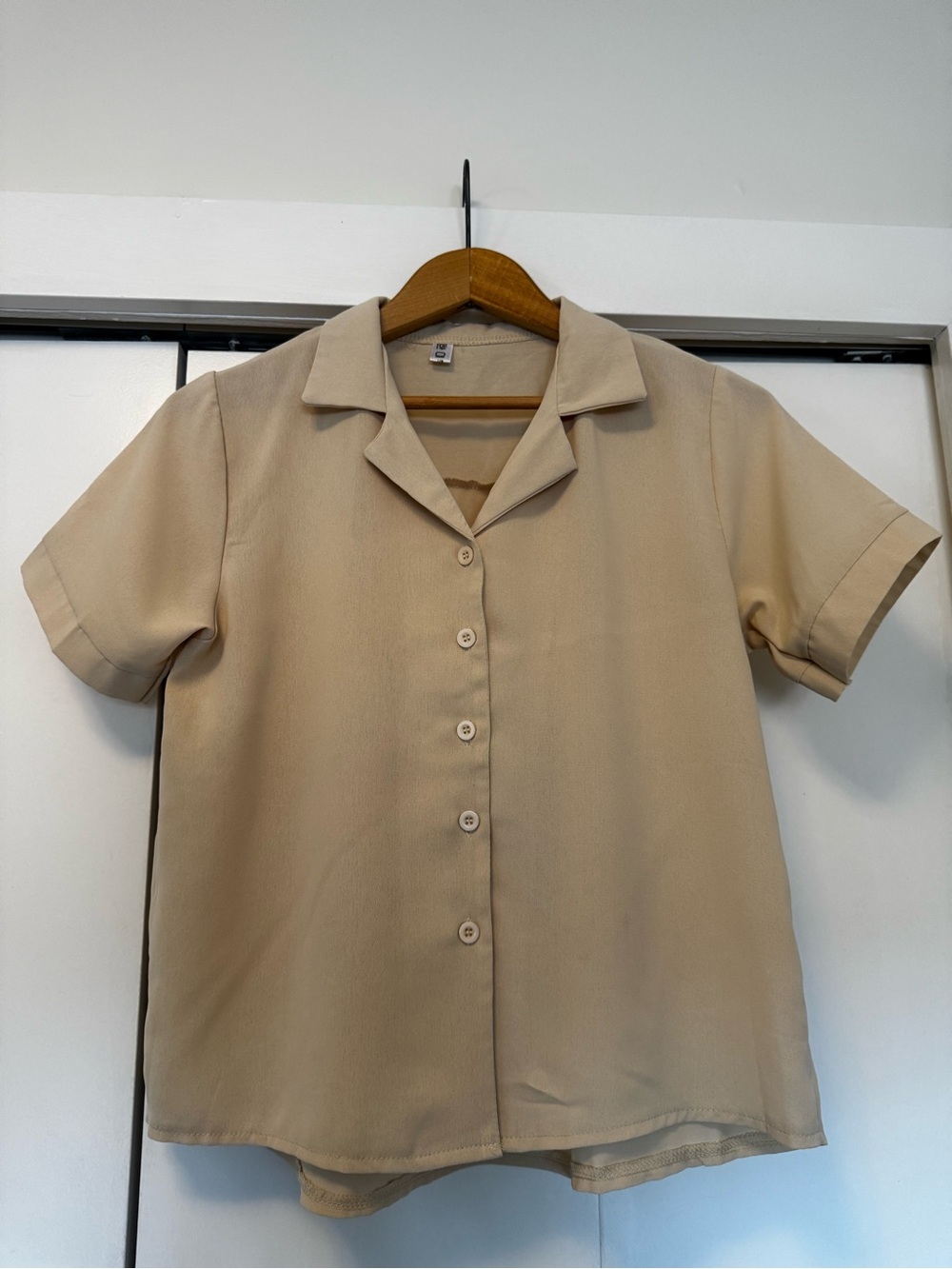 Korean Boutique Beige Short Sleeve Button Down Camp Collar Blouse Top Minimalist